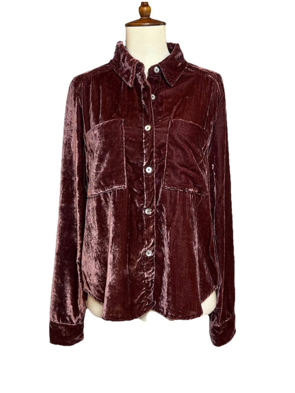 Evereve Velvet Button Up Shirt Mauve Long Sleeve